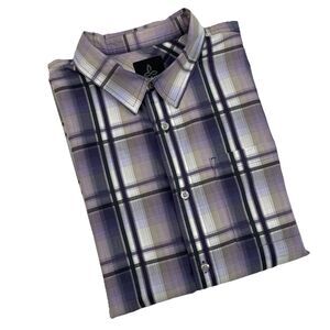 PrAna Men’s Short Sleeve Button Down Purple Tattersall Plaid- L